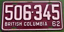1962 BRITISH COLUMBIA License Plate - 60-Year-Old #506-345 picture
