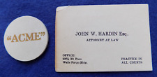 1890's JOHN WESLEY HARDIN OLD WEST GUNFIGHTER BUSINESS CARD & POKER CHIP EL PASO picture