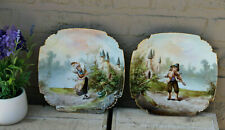 PAIR french porcelain Limoges romantic Scene boy girl castle landscape picture