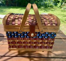 Patriotic Rustic American Flag Picnic Basket Swing Handles 4th Of July picture