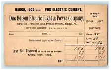 1902 Edison Light Power Company Bill Erie Pennsylvania PA Advertisement Postcard picture