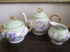 JPL Limoges France Handpainted Tea Set Pot Creamer Sugar Bowl Violets Gold Green picture