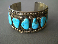 Native American Blue Turquoise Row Sterling Silver Solar Stamps Bracelet 82g picture