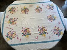 VINTAGE Linen Tablecloth 66.5”x77” Pink Blue Yellow Floral Grannycore Cottage picture