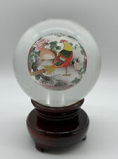 Vntg Chinese Reverse Hand Painted Crystal Ball  Rotating Stand Birds Signed picture