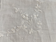 Vintage Bright White Linen Embroidered Tablecloth Hemstitch 44x44 PERFECT picture