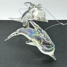 Vintage SILVESTRI Crystal Glass Iridescent DOLPHIN & CALF Christmas Ornament picture