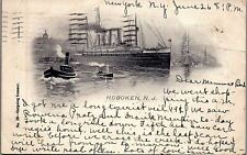 1906 NEW YORK OUTGOING OCEAN STEAMER TUGBOATS CITYSCAPE LITHO POSTCARD 29-106 picture