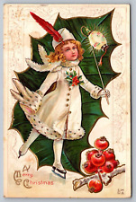 A Merry Christmas Girl Dressed In White Ice Skating Antique Embossed Postcard picture