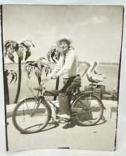 Vtg 1940s Snapshot Photo Old Man on Bicycle Beach Pier Hat Tie Pelicans Tourist picture
