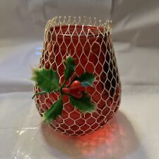 70’s Translucent Red Glass Candle Holder Plastic Net Holly With Red Berries Rare picture