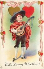 Stecher Embossed Valentine Postcard 313-D Spanish Style Boy Sings & Plays Lute picture