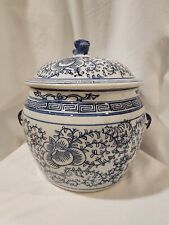 Vtg Floral Blue & White Chinoiserie Porcelain Rice Jar /Ginger Jar with Lid  picture