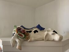 Shelf Sitting Cow Black White with Applied Fruit/Veg Cobalt Blue Bow by Dilley's picture
