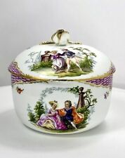 Antique 18th C Meissen Porcelain Lidded Sugar Bowl With Watteau Courting Scenes picture