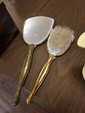 Vintage Hand Held Vanity Mirror and Hair Brush Set gold tone picture