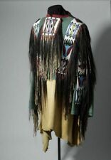 Old American Style Hand Color Buckskin Hide Fringe Beaded Powwow War Shirt NHS11 picture