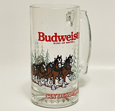 Budweiser VTG 1989 Clydesdale Beer Mug Holiday Stein Winter Glass Collectible picture
