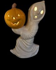 Hand Painted Ceramic Halloween Sculpture 12” Ghost With Pumpkin From Vintage picture
