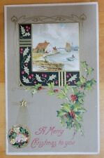 CHRISTMAS GREETING W/FISHING VILLAGE & HOLLY LEAVES-c. 1907-1915 WINSCH POSTCARD picture