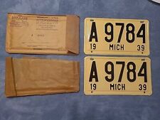 Vintage 1939 A 9784 Michigan Pair License Plates NOS Original DMV Envelope  picture