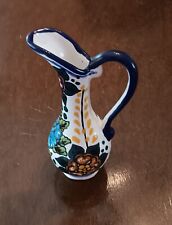 Talavera Mexican Pottery Slender Pitcher 6” Tall Signed V. Perez  picture
