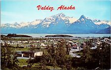 Greetings From Valdez Alaska Postcard Aerial View Mountain Ocean Chrome 7M picture