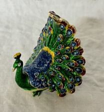 Enameled Bejeweled Peacock Trinket Hinged Box - Displaying Feathers picture