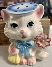 Vtg Anthropomorphic Cat Japan Ceramic Figurine White W Blue PolkaDot Hat KITSCHY picture