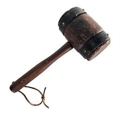 19th Century Original Carpenter's Wooden Mallet With Oversized Head Wrought Iron picture