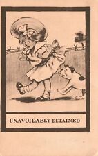 Vintage Postcard 1910's Unavoidably Detained Little Girl and Her Dog Puppy Comic picture