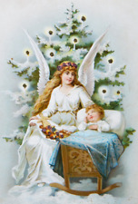 1894 VICTORIAN ERA CHRISTMAS CARD GERMAN HAND DECORATED GLITTER MOTHER & CHILD picture