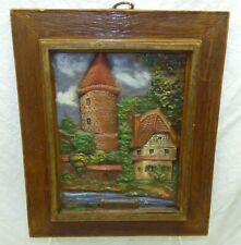 German Wax Picture Dinkelsbuhl Germany Tower River Town Scene Art Plaque Vtg picture
