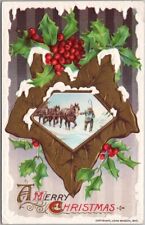 Vintage 1910s Winsch MERRY CHRISTMAS Embossed Postcard / Horse Team Scene UNUSED picture