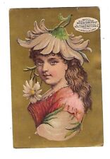 c1890 Victorian Trade Card Maison Demorest Patterns, Young Girl With Flower Hat picture