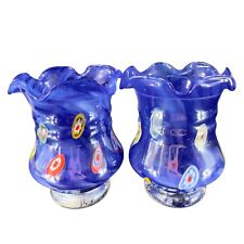 Venetian Art Glass Cobalt Blue Vase Candle Holder Set 2 Multicolor Millefiori picture