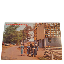Postcard Greetings From Amish Country Amish Barn Raising Amish Girls Chrome picture