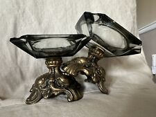 Vintage Ornate Brass Footed Smoked Glass Ashtrays Set 2 Pedestal CORNELL pair picture