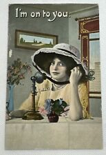 Antique Postcard  Beautiful Woman in Bonnet Candlestick Phone 