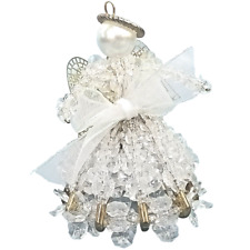 Christmas Angel Ornament Handmade Beaded Safety Pins Crystal Clear Decor Vintage picture