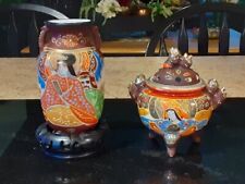 Vtg Satsuma Hand Painted Small Vase w/Wood Stand and Footed Incense Burner Japan picture