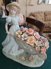 Porcelain LLadro-Style Girl With Wheelbarrow of Flowers 8.5