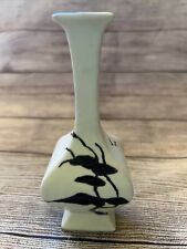 Vtg White Black Ceramic Bud Vase 6.5” Asian Style Birds Mountains  picture