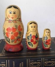 3 Wooden Russian Handpainted Matryoshka Nesting Dolls - 1970s set Red Flowers picture