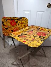 Vintage MCM Floral Folding TV Trays Set of 2 Yellow,Red Top Silver Legs picture
