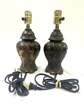 Exceptional Pair Vintage Heavy Brass Tone Table Lamps Set Metal Electric Floral picture