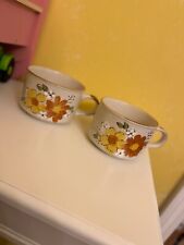 2 Vintage Orange & Yellow Floral Painted Stoneware Coffee Mug Cup Made in Korea picture