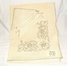 Vtg Victory Beige with Tan Embroidery 40x40 Linen Tablecloth Plus 4 Napkins NOS  picture