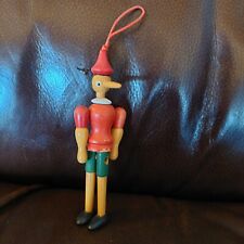 VTG Christmas Ornament Jointed Pinocchio Wooden Toy Vintage Red Green Wood Paint picture