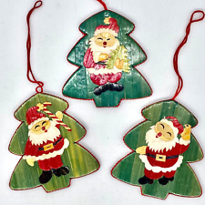 Lot of 3 Unique Artisan Made Christmas Ornaments Palm Leaf Inlay Mosaic Santa picture